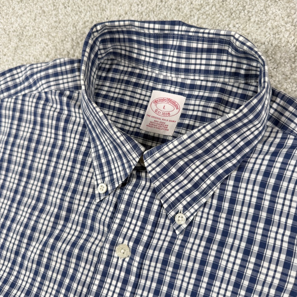 Brooks Brothers Button Down Shirt Mens L Blue White Plaid Non-Iron Supima Cotton